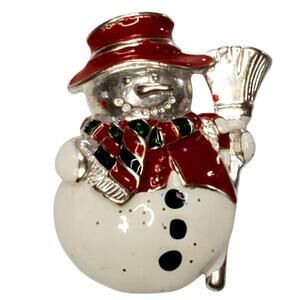 Vtg Enamel Frosty Snowman Christmas Pin Brooch Silver Tone Holiday 1.5"